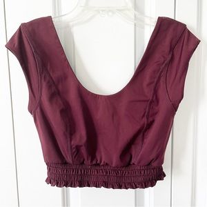 Free People Movement burgandy low-back smocked ruffle hem crop top